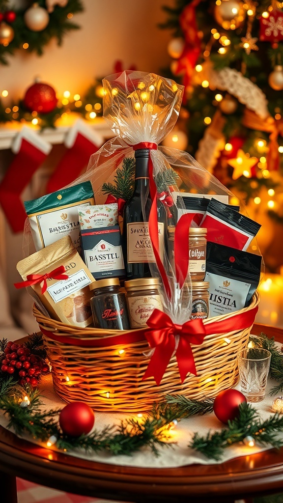 A festive gift basket with gourmet treats and wine, wrapped in cellophane with a ribbon, on a holiday-themed table.